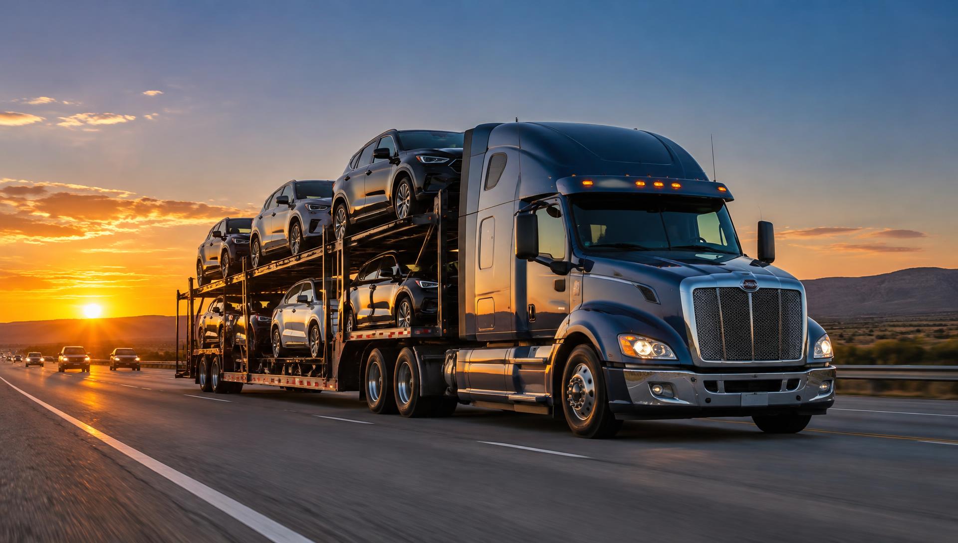 Car carrier truck transporting vehicles on an interstate highway at sunset