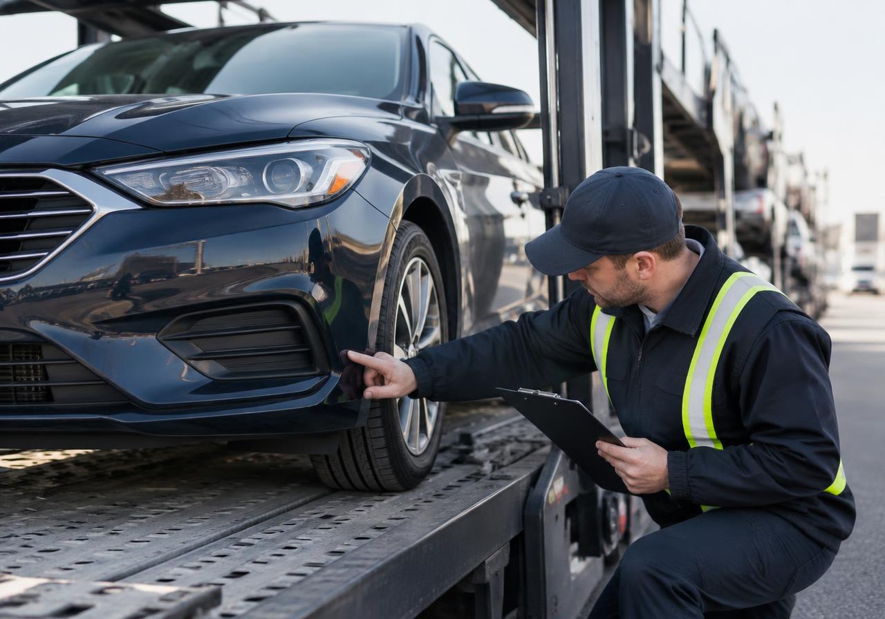 Driver inspecting a vehicle with a customer before loading